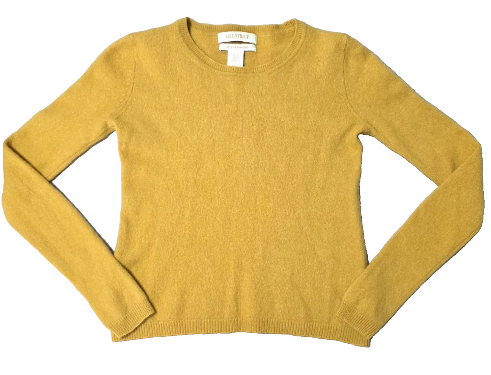 Ellen Tracy 100% Cashmere Crewneck Sweater Mustard Yellow Gold Women's Size S